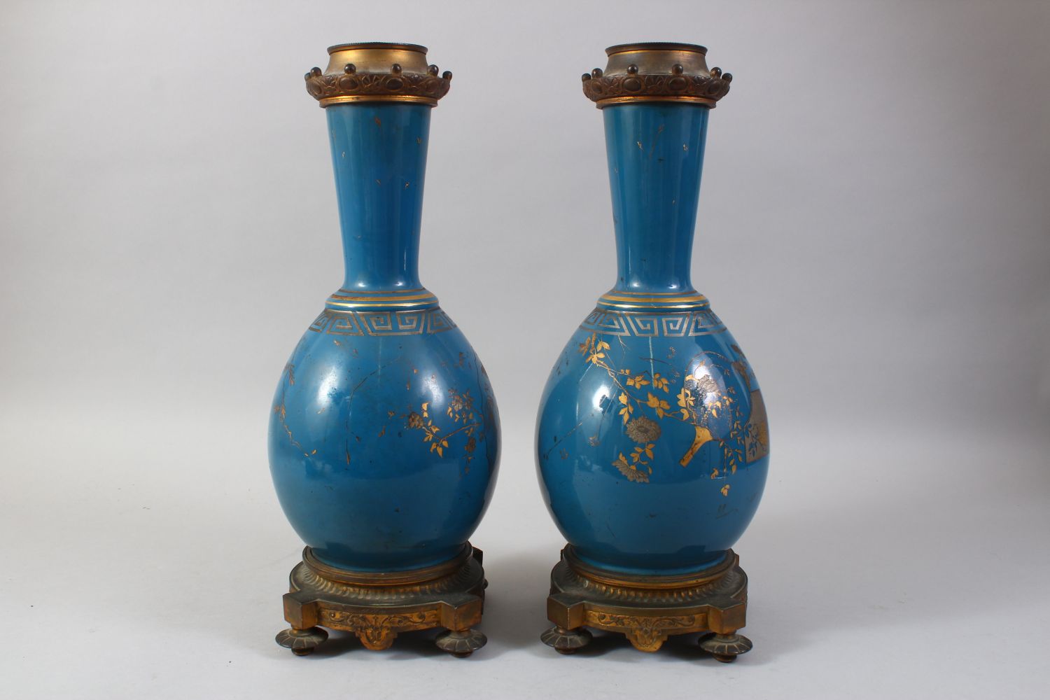 A PAIR OF 19TH CENTURY CHINESE PORCELAIN BOTTLE VASES / LAMP BASES, the ground with gilded - Image 3 of 9