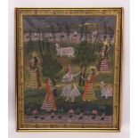 A 19TH-20TH CENTURY FRAMED INDIAN PAINTING ON TEXTILE depicting a prince presenting orange paint