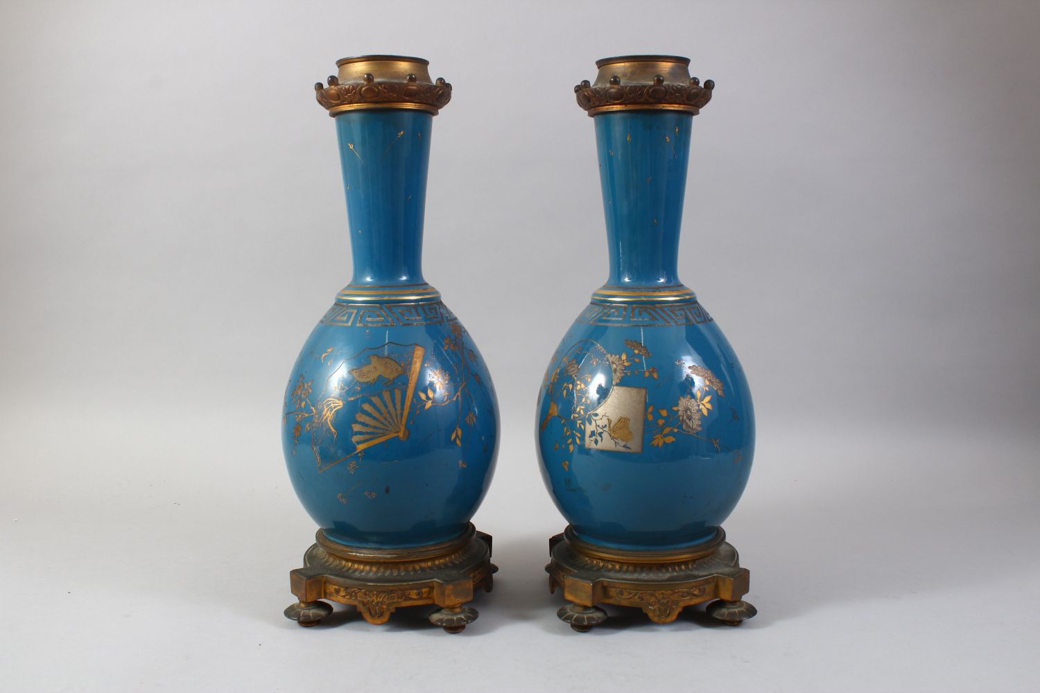 A PAIR OF 19TH CENTURY CHINESE PORCELAIN BOTTLE VASES / LAMP BASES, the ground with gilded - Image 2 of 9