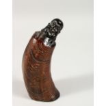 A 19TH / 20TH CENTURY CARVED CHINESE HORN OF BUDDHA, possibly rhino horn, the top carved as buddha