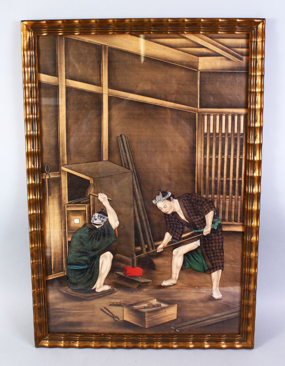 A JAPANESE LATE MEIJI / TAISHO PERIOD PAINTED TEXTILE FRAMED PICTURE, the painting depicting two