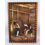 A JAPANESE LATE MEIJI / TAISHO PERIOD PAINTED TEXTILE FRAMED PICTURE, the painting depicting two