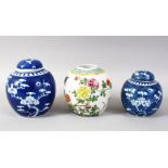 THREE 19TH / 20TH CHINESE FAMILLE ROSE & BLUE & WHITE PORCELAIN GINGER JARS, two blue & white prunus