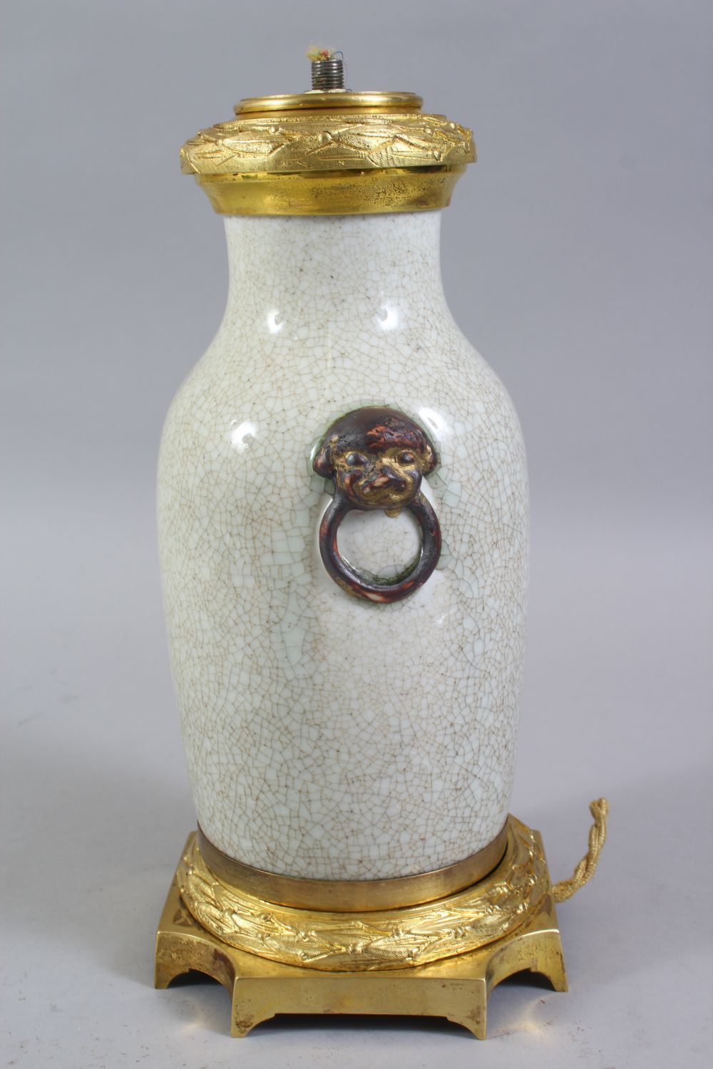 A 20TH CENTURY CHINESE CRACKLE GLAZED PORCELAIN VASE, with moulded lion mask & ring handles, and - Image 2 of 4