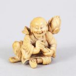 A JAPANESE LATE EDO / MEIJI PERIOD CARVED IVORY NETSUKE OF A LAUGHING MAN, the man in a seated