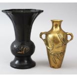 TWO JAPANESE MEIJI PERIOD BRONZE MIXED METAL VASES, one vase with a flared rim with paneled