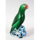 A GOOD 18TH / 19TH CENTURY CHINESE GREEN & BLUE GLAZED PORCELAIN FIGURE OF A PARROT, 20.5cm high.