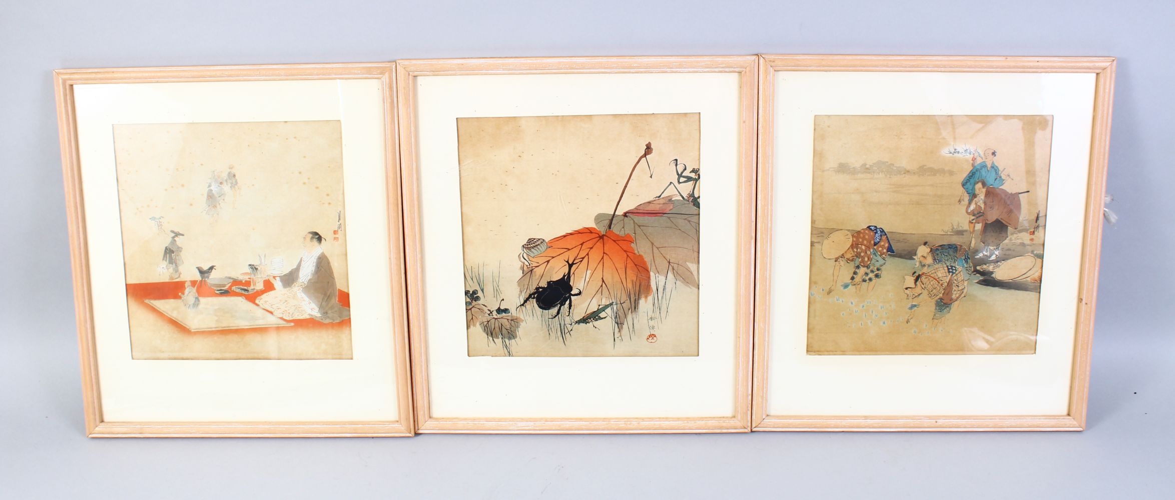 THREE 19TH CENTURY CHINESE WATERCOLOUR PAINTED PICTURES ON PAPER, the pictures depicting scenes of