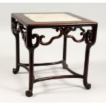 A GOOD 19TH CENTURY MINIATURE CHINESE CARVED HARDWOOD & MARBLE TOP STAND, the stand inset with a