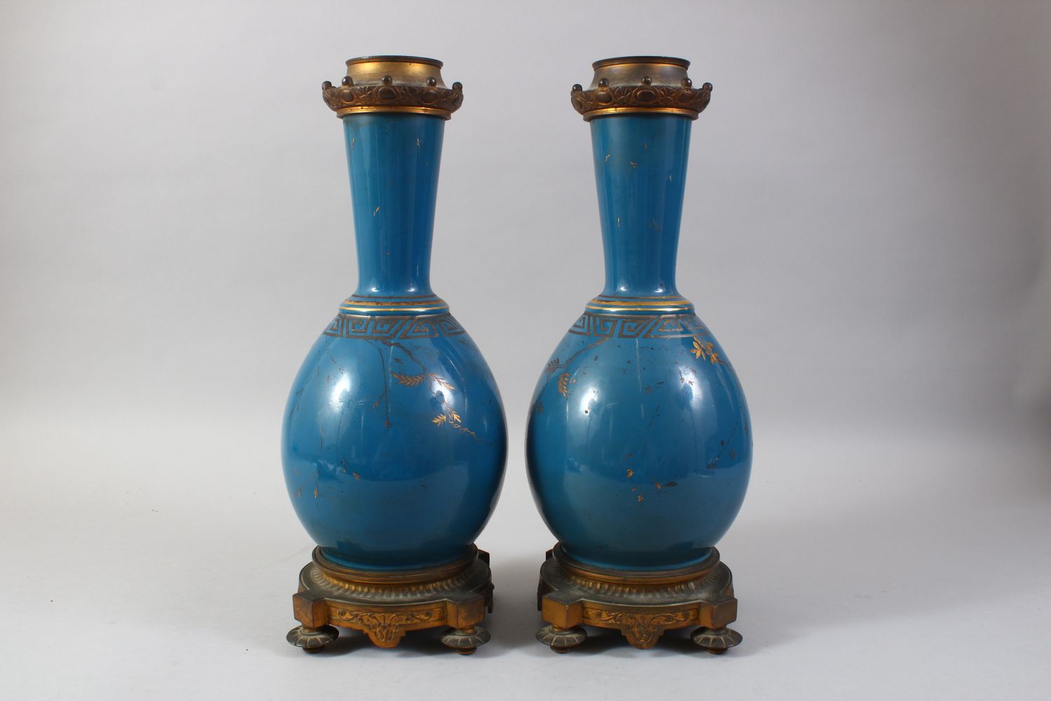A PAIR OF 19TH CENTURY CHINESE PORCELAIN BOTTLE VASES / LAMP BASES, the ground with gilded - Image 4 of 9
