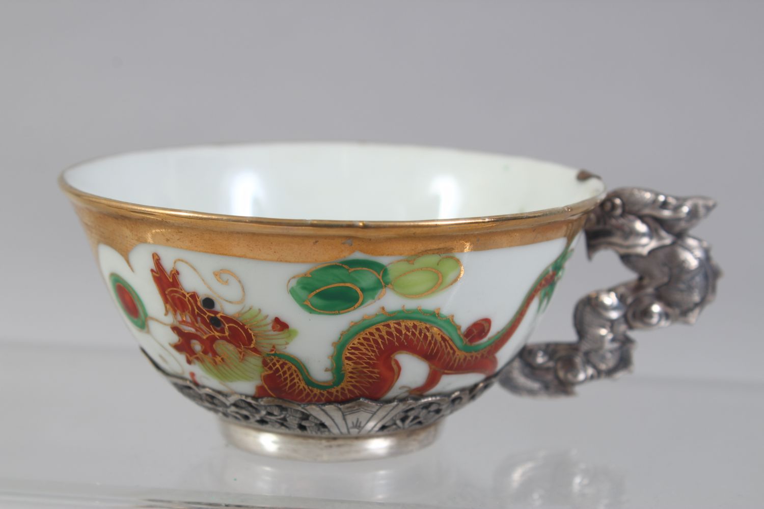 A SET OF FOUR 20TH CENTURY CHINESE FAMILLE ROSE PORCELAIN AND SILVER MOUNTED CUPS & SAUCERS, the - Image 6 of 8