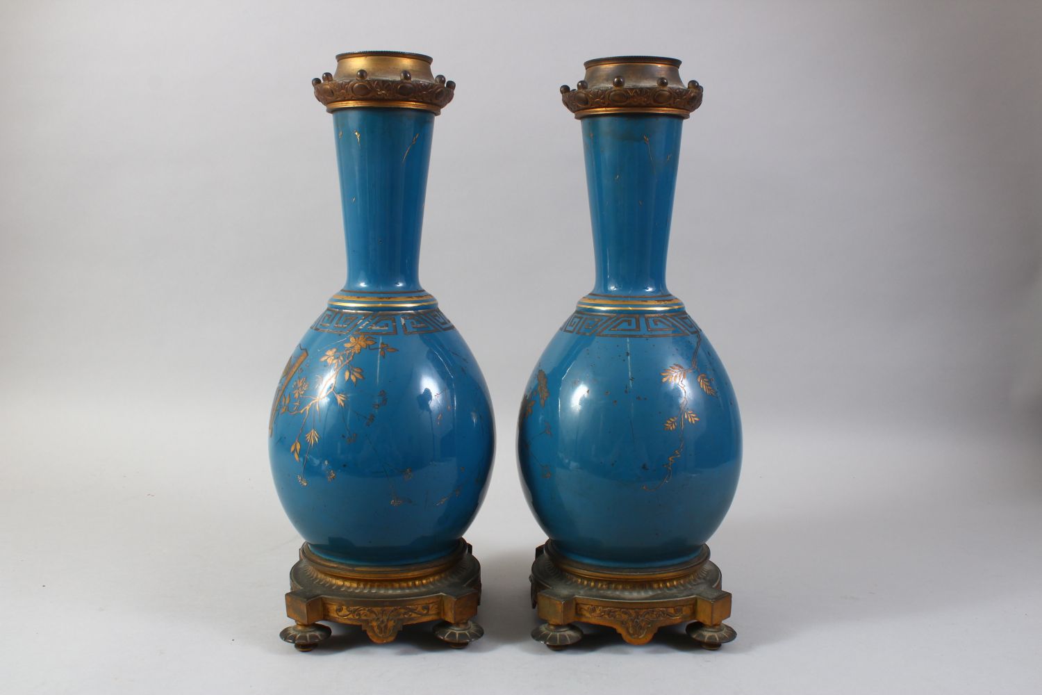 A PAIR OF 19TH CENTURY CHINESE PORCELAIN BOTTLE VASES / LAMP BASES, the ground with gilded - Image 5 of 9