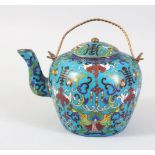 A GOOD SMALL CHINESE CLOISONNE TEA POT, decorated with floers and archaic devices, signed to the