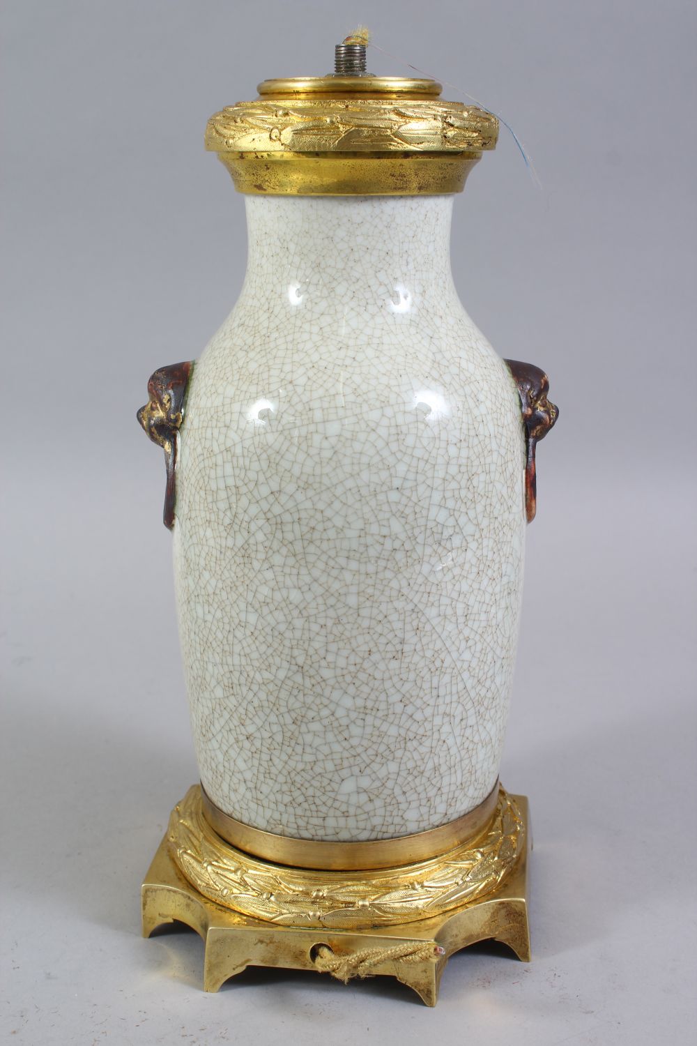 A 20TH CENTURY CHINESE CRACKLE GLAZED PORCELAIN VASE, with moulded lion mask & ring handles, and - Image 3 of 4