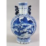 A GOOD 19TH CENTURY CHINESE BLUE & WHITE TWIN HANDLE PORCELAIN MOON FLASK, with two circular