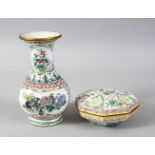 TWO 19TH / 20TH CENTURY CHINESE ENAMEL VASE & BOX AND COVER, the vase decorated with panels upon a