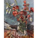 Roger Collin (20th - 21st Century) British. A Still Life of Poppies in a Glass Vase, Oil on Artist's