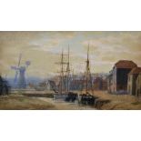 Philip Norman (c.1843-1931) British. A Canal Scene, with Moored Vessels, and Windmill in the