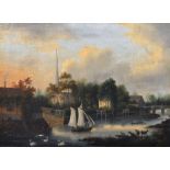 Early 19th Century Anglo-Dutch School. Figures in a Boat on the River, a Village with a Church Spire