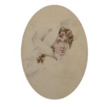 19th Century English School. Bust Portrait of a Lady, wearing a Bonnet, Watercolour and Pencil,