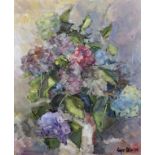 Roger Ghirloe (20th Century) French. Still Life of Hydrangeas in a White Vase, Oil on Canvas,