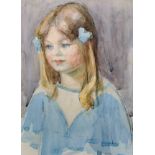 20th Century English School. A Bust Portrait of a Young Girl, wearing a Blue and White Dress with