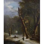 19th Century English School. A Snow Covered Wooded Landscape, with Figures collecting Wood in the