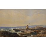John Henry Mole (1814-1886) British. A Coastal Scene, with a Figure Fishing in the Rock Pools,