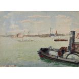 William Dennis Dring (1904-1990) British. A Busy River, with a Tug in the foreground, Watercolour,