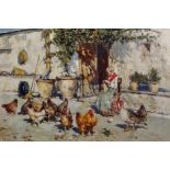 Giuseppe Giardiello (1887-1920) Italian. 'Feeding the Chickens', with an Old Lady Knitting, Oil on