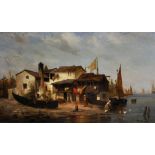 W... Schager (19th Century) German. A Coastal Scene, with Figures by a House, Oil on Canvas, Signed,