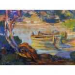 Louis Fortuney (1875-1951) French. A River Landscape, with Rowing Boats at Anchor, Pastel, Signed,