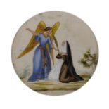 18th Century French School. 'The Annunciation', Watercolour on Engraving stuck to glass, Circular,