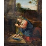 After Antonio Allegri da Correggio (1489-1534) Italian. "Adoration of the Christ Child", Oil on
