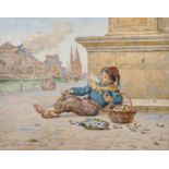 Antonio Paoletti (1834-1912) Italian. A Young Boy selling Oysters and Fish, seated Smoking a Pipe,