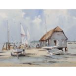 Alan Simpson (1941-2007) British. 'Dell Quay', with Figures by the Boat Hut, Watercolour, Signed,