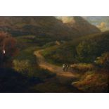 19th Century English School. A Mountainous Landscape, with Figures on a Path, Oil on Board, 8" x