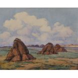 Achille Pijohrien (19th - 20th Century) European. Haystacks, Watercolour and Crayon, Indistinctly