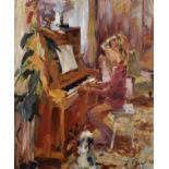 I... N... Juke (20th Century) Russian. A Young Girl playing the Piano, with a Small Dog by her side,