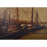 H... J... Jackson (1938- ) British. "Fish Wharf/8", Boats along a Harbour Wall, Linocut, Signed,