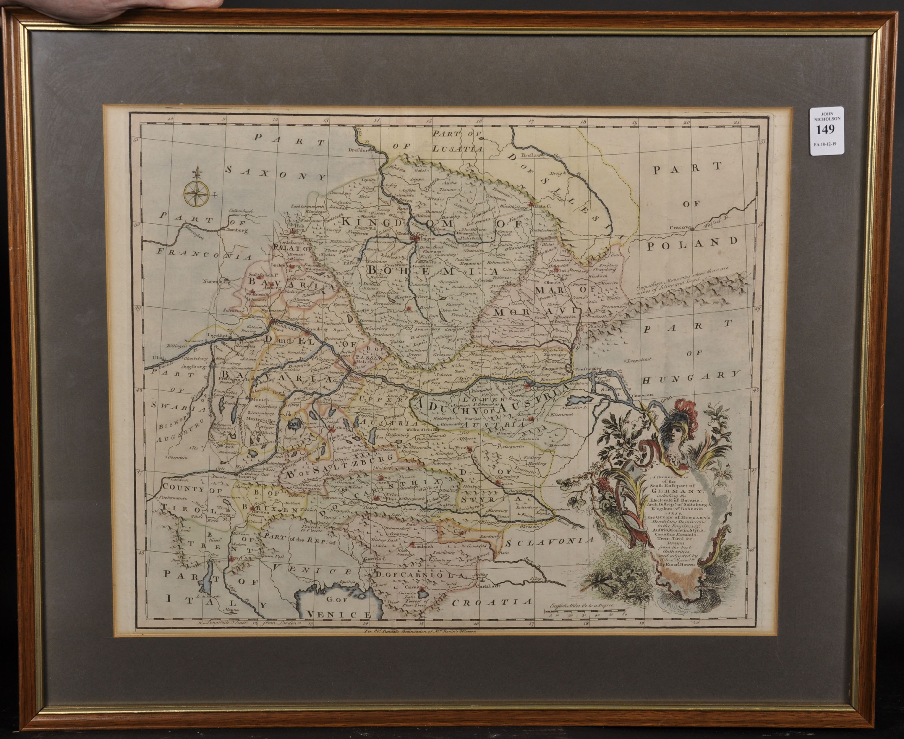Emanuel Bowen (1693-1767) British. "A Correct Map of the South East Part of Germany", Map, 14" x - Image 2 of 4