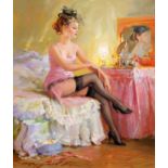 Konstantin Razumov (1974- ) Russian. "A Lady Scantily Dressed in Pink", Oil on Canvas, Signed in