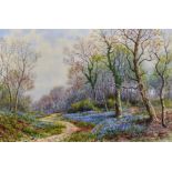 John T... Wells (20th Century) British. A Landscape with Bluebells, Watercolour, Signed, 7.5" x 11",