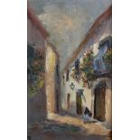 20th Century Spanish School. A Street Procession, Oil on Panel, Indistinctly Signed, 9" x 5.5",