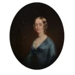 19th Century English School. Portrait of a Lady dressed in Blue, Oil on Panel, Oval, 10" x 8".