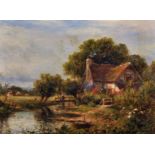 Henry Maidment (act. 1889-1914) British. A River Landscape, with Figures by a Cottage, Oil on Board,