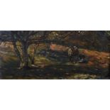 19th Century English School. Figures on a Woodland Path, Oil on Canvas, 6" x 12".