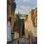 19th Century Italian School. "Grotta di Pozzuoli", with Figures in the foreground, Gouache,