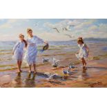 Konstantin Razumov (1974- ) Russian. "Seagulls", Oil on Canvas, Signed in Cyrillic, and Signed and