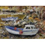 David McClure (1926-1998) British. A Moored Boat Numbered UL17, in the Ullapool Estuary, Oil on